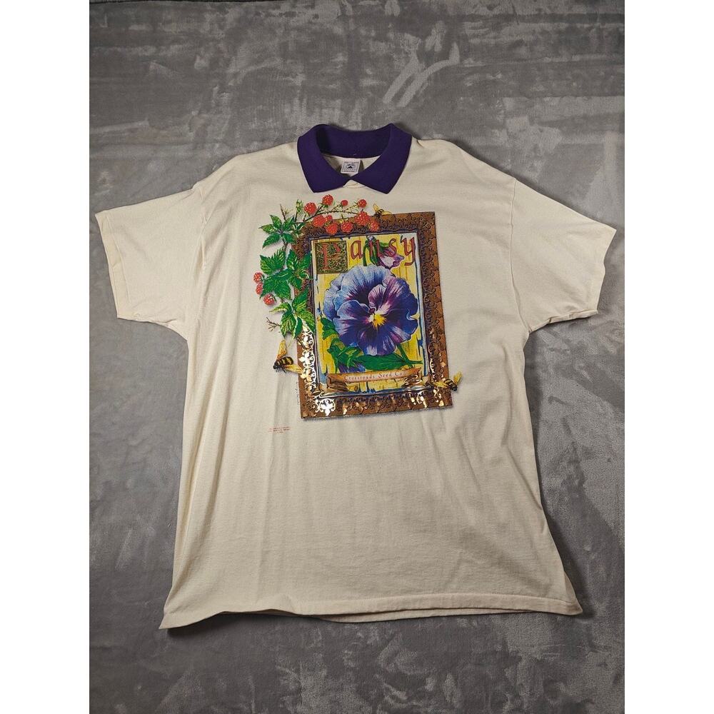 Vintage 90s Delta Pansy Crossroads Seed Co Graphic Polo T-Shirt XXL Made in USA